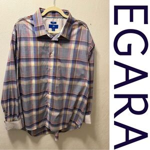 Egara Big & Tall 2XLT Non-Iron Plaid Button-Down Shirt Blue Pink Cotton Stretch